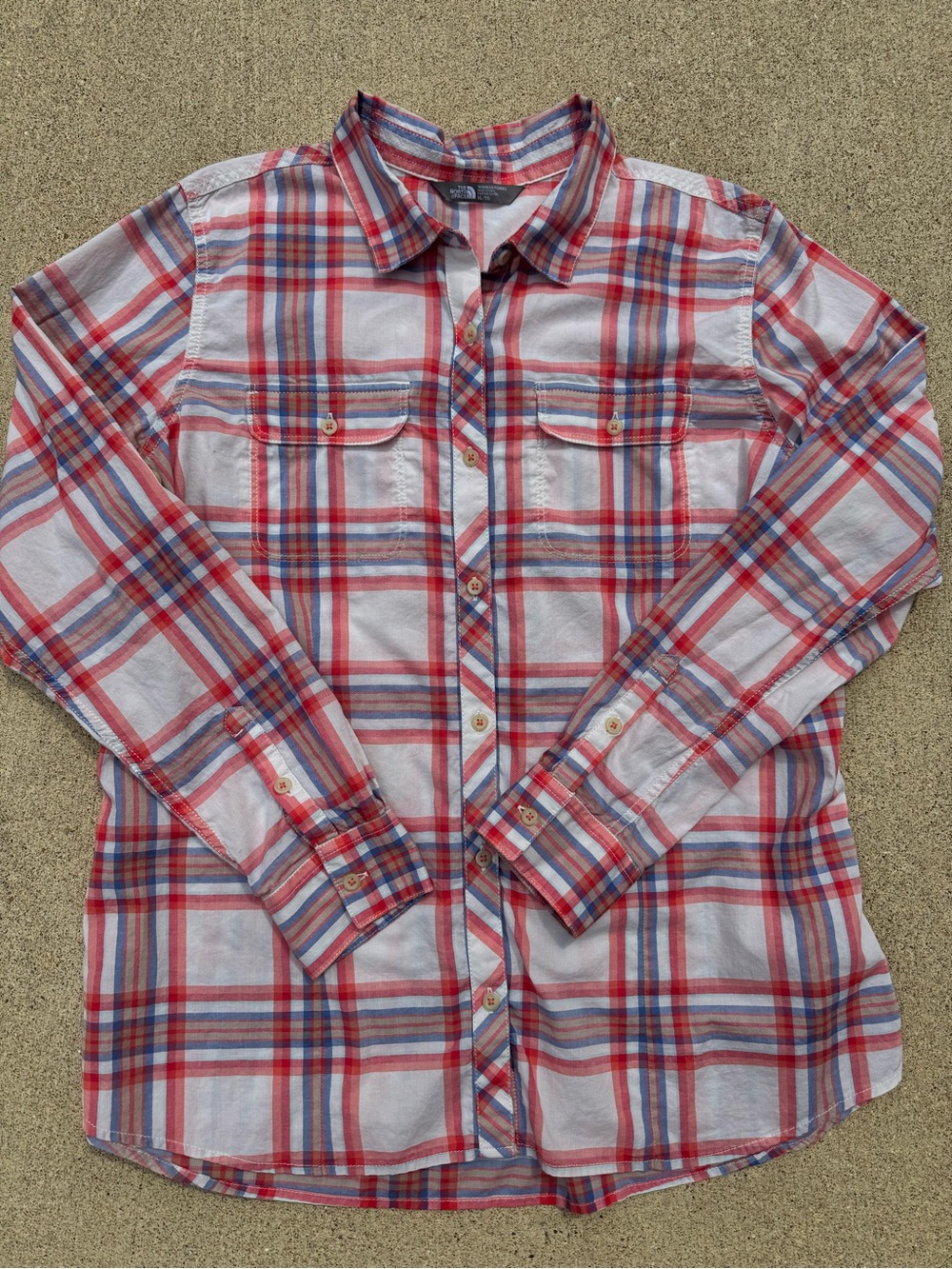 North Face XL Women’s Plaid Button Front Shirt Orange Khaki Cornflower Fall